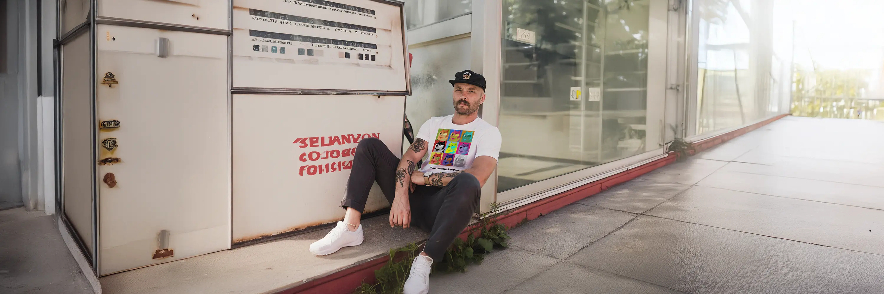 Premium streetwear model wearing white Doge Pop Art T-Shirt | Iconic crypto fashion statement by CUKIDRIP