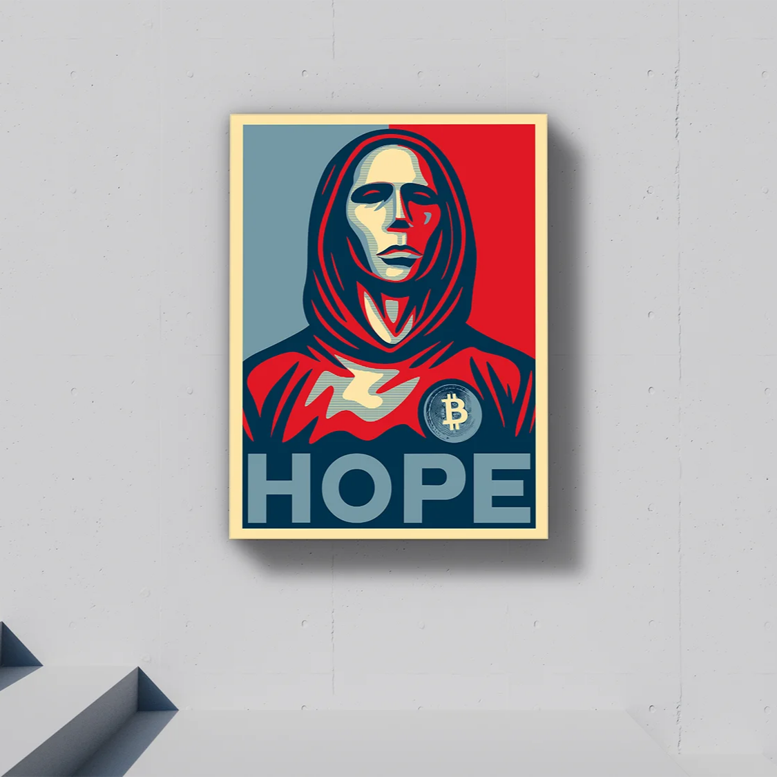 The Satoshi Hope Design | Special Drop for Bitcoin Products | Size A0 Canvas hanging on plain minimalist wall | Premium Crypto Accessories by CUKIDRIP