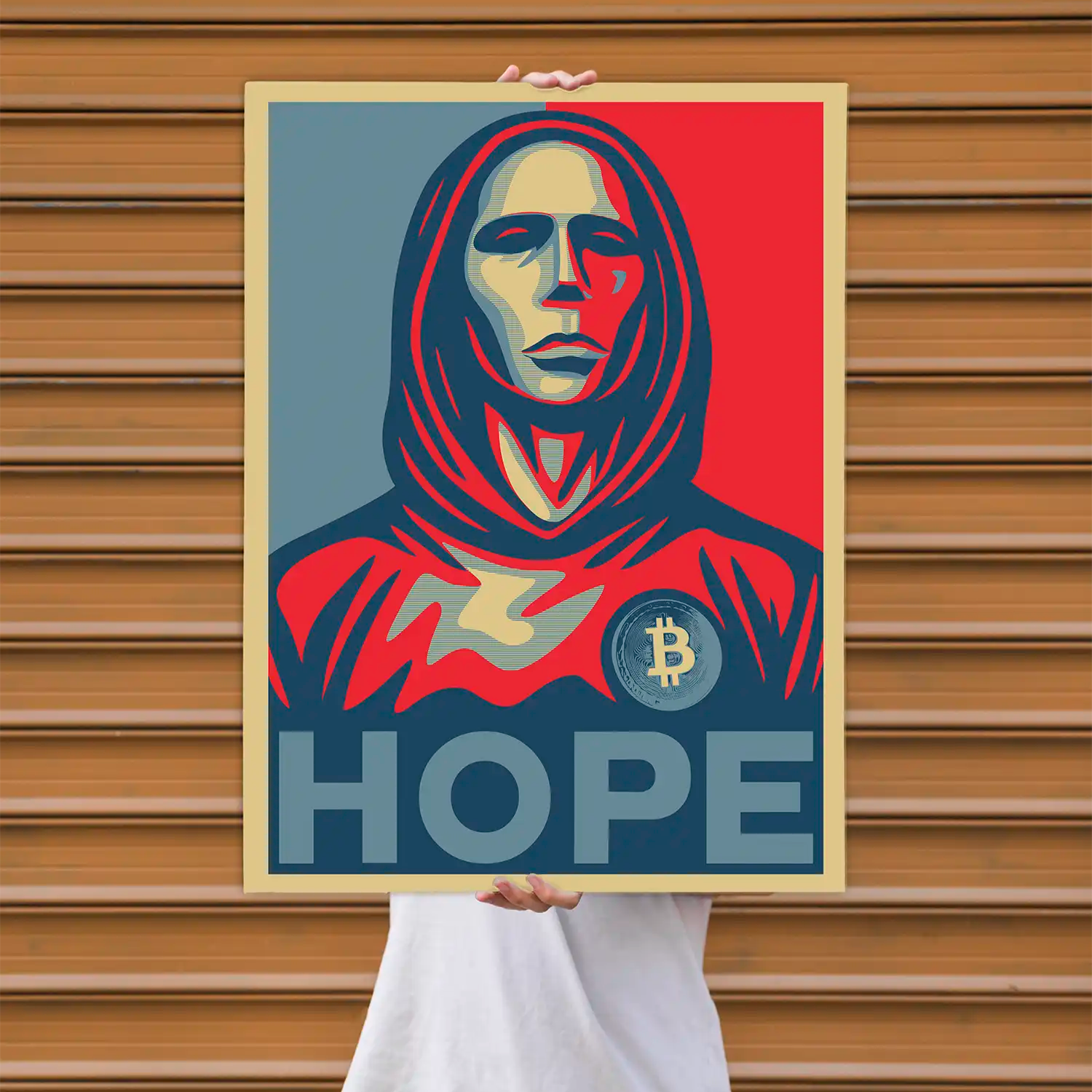 Hope Design of Satoshi Nakamoto | Special Drop for Bitcoin Products | Size A1 Canvas holded up by male model | Premium Crypto Accessories by CUKIDRIP