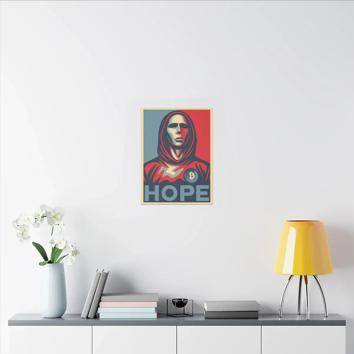 Satoshi Hope Canva on Wall in medium Size with objects for comparison | Premium Crypto Products at CUKIDRIP