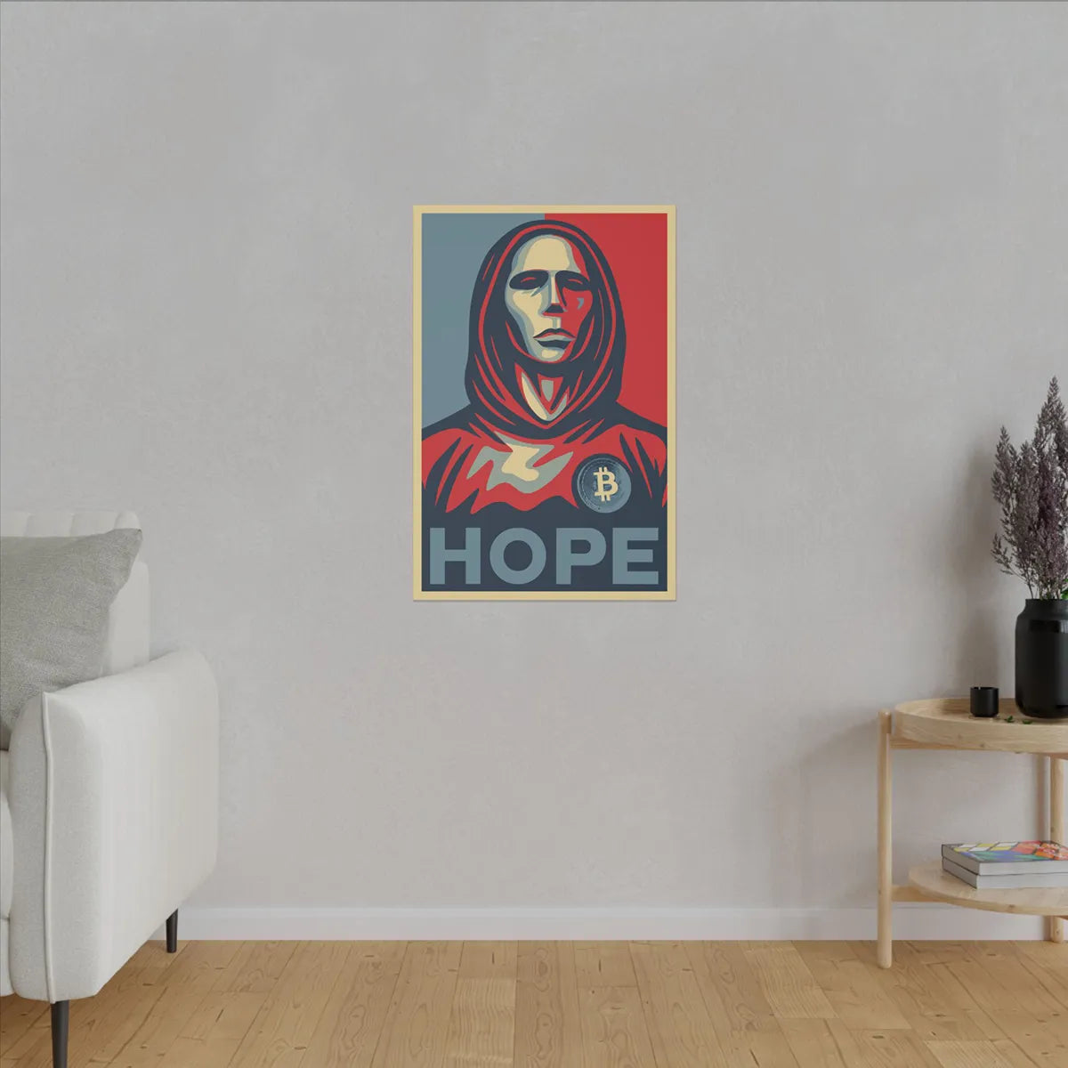 Medium sized Satoshi Hope Canva on Wall in Room with bigger objects for comparison | Premium Crypto Products at CUKIDRIP