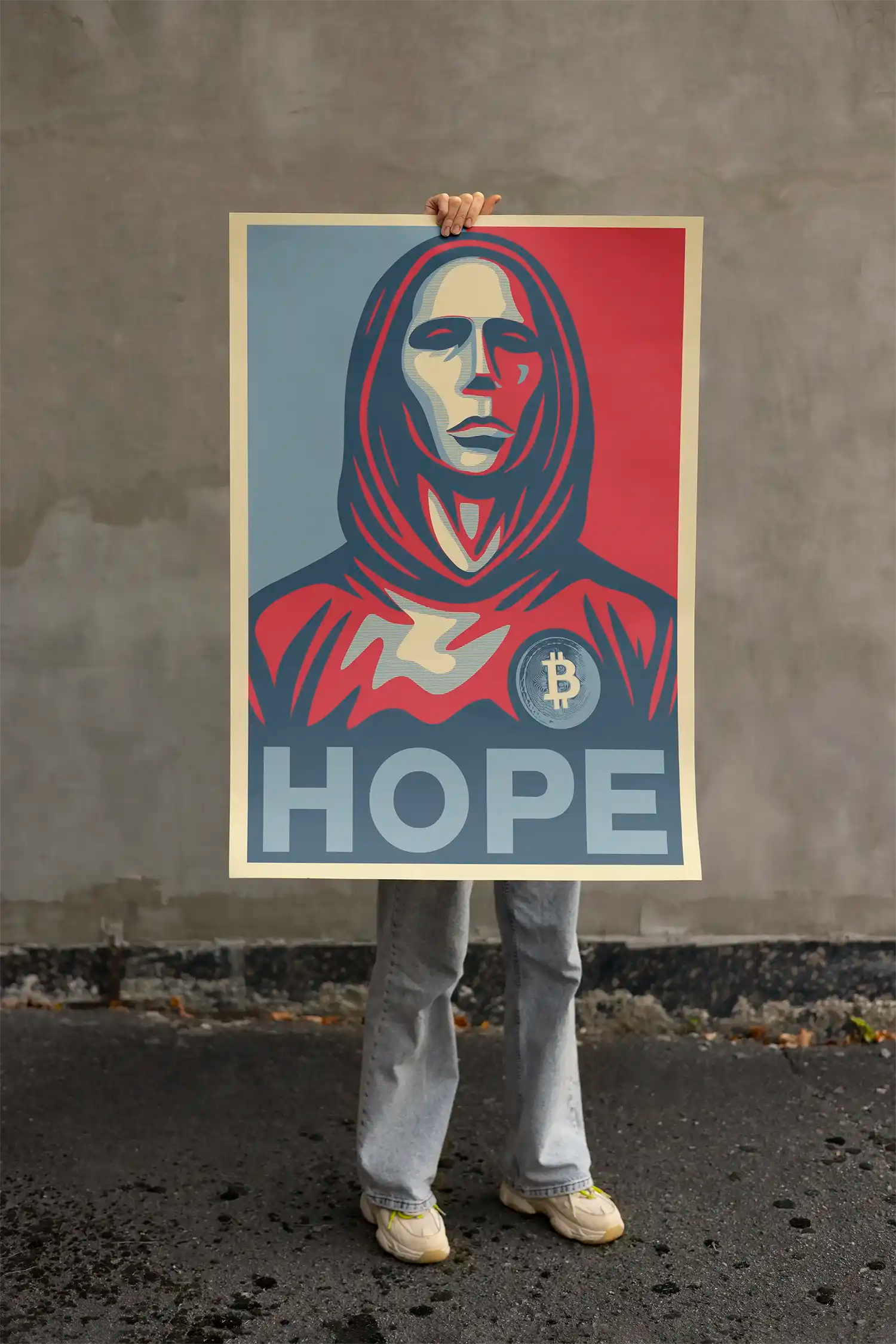 Poster Design by Cukidrip | Special release for Bitcoin Products | Size A0 holded up by female model | Premium Crypto Accessories