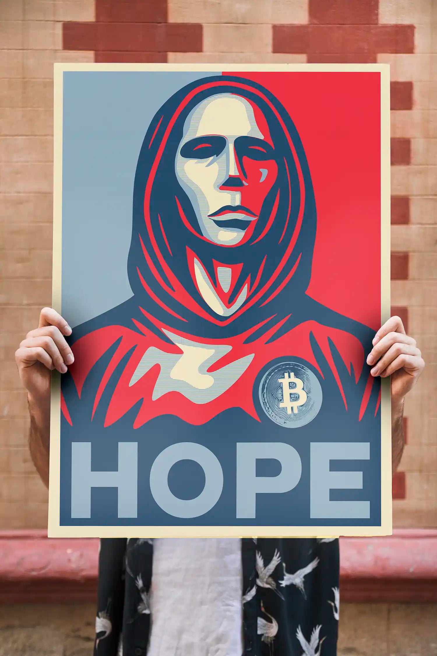 Male Model holding up Hope Poster in Size A1 | Special release Bitcoin Products featuring Satoshi Nakamoto | premium Crypto accessories only at CUKIDRIP