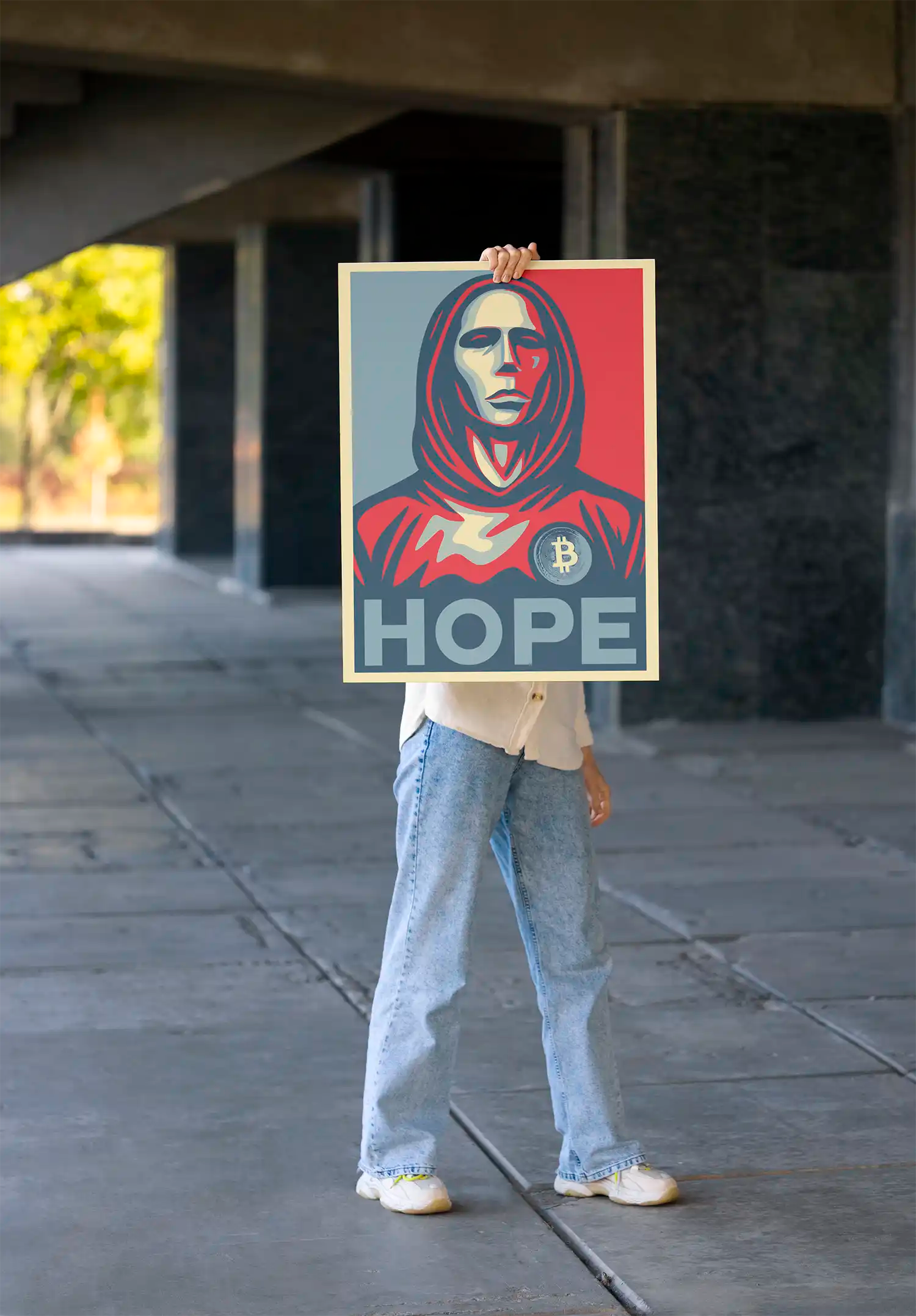 Satoshi Hope Poster | Special Drop for Bitcoin Products | Size A2 holded up by female model | Premium Crypto Accessories by CUKIDRIP