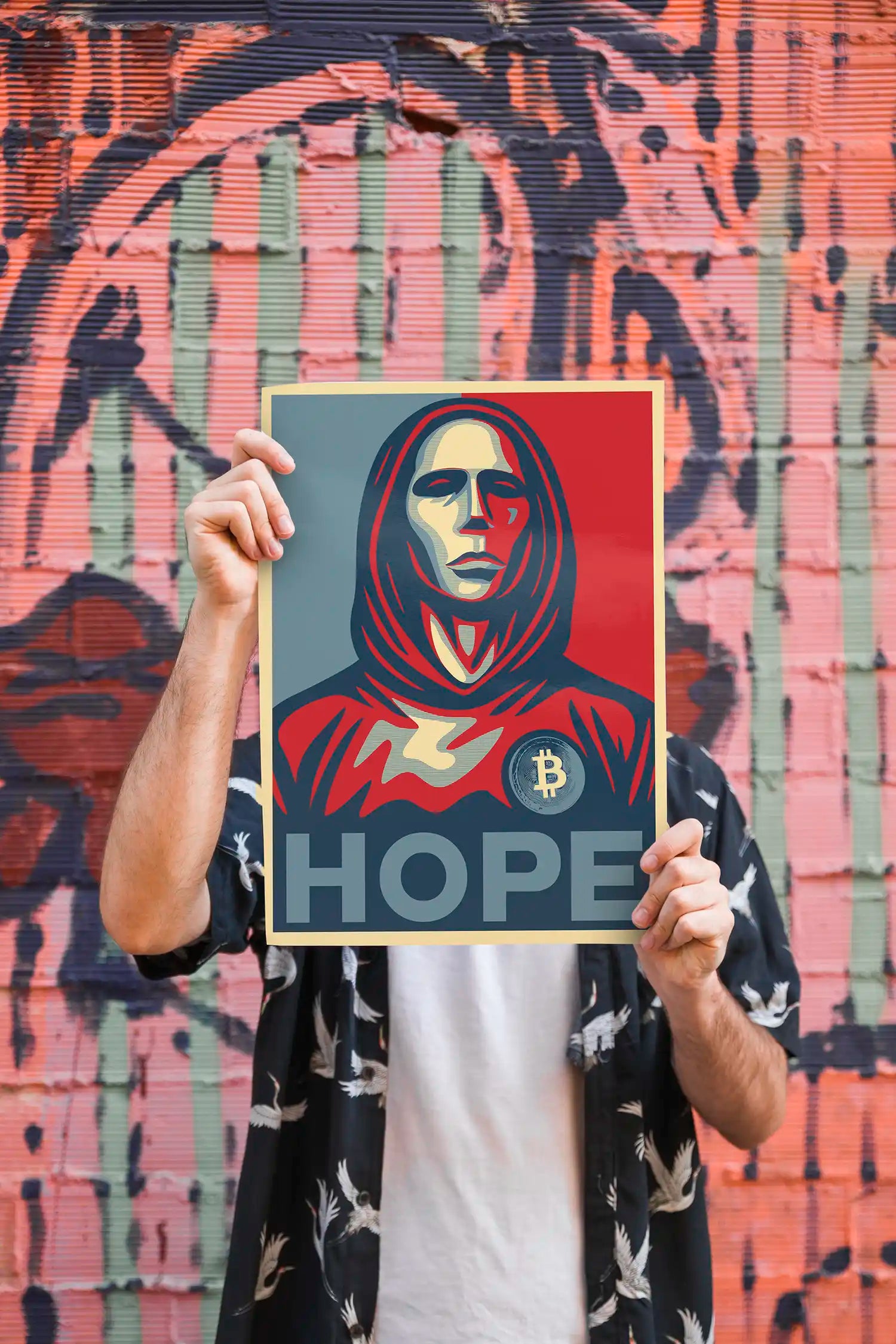 The Satoshi Hope Poster | Special Drop for Digital Art | Male Model holding Size A3 Poster | Premium Crypto Accessories by CUKIDRIP