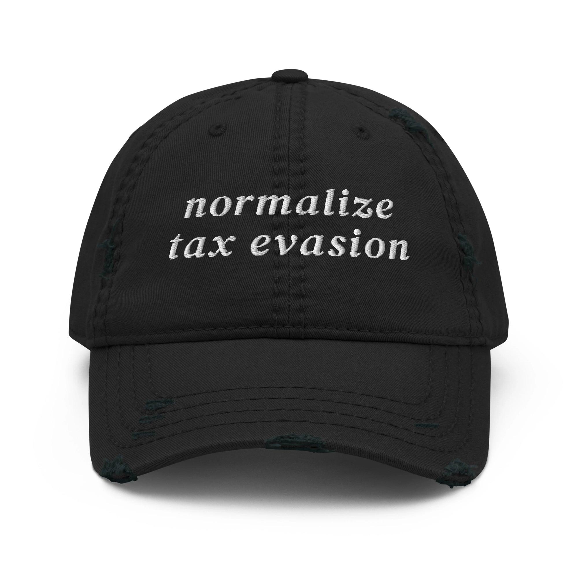 Black Distressed Cap Offshore | "Normalize Tax Evasion" Meme Embroidery Front View by CUKIDRIP