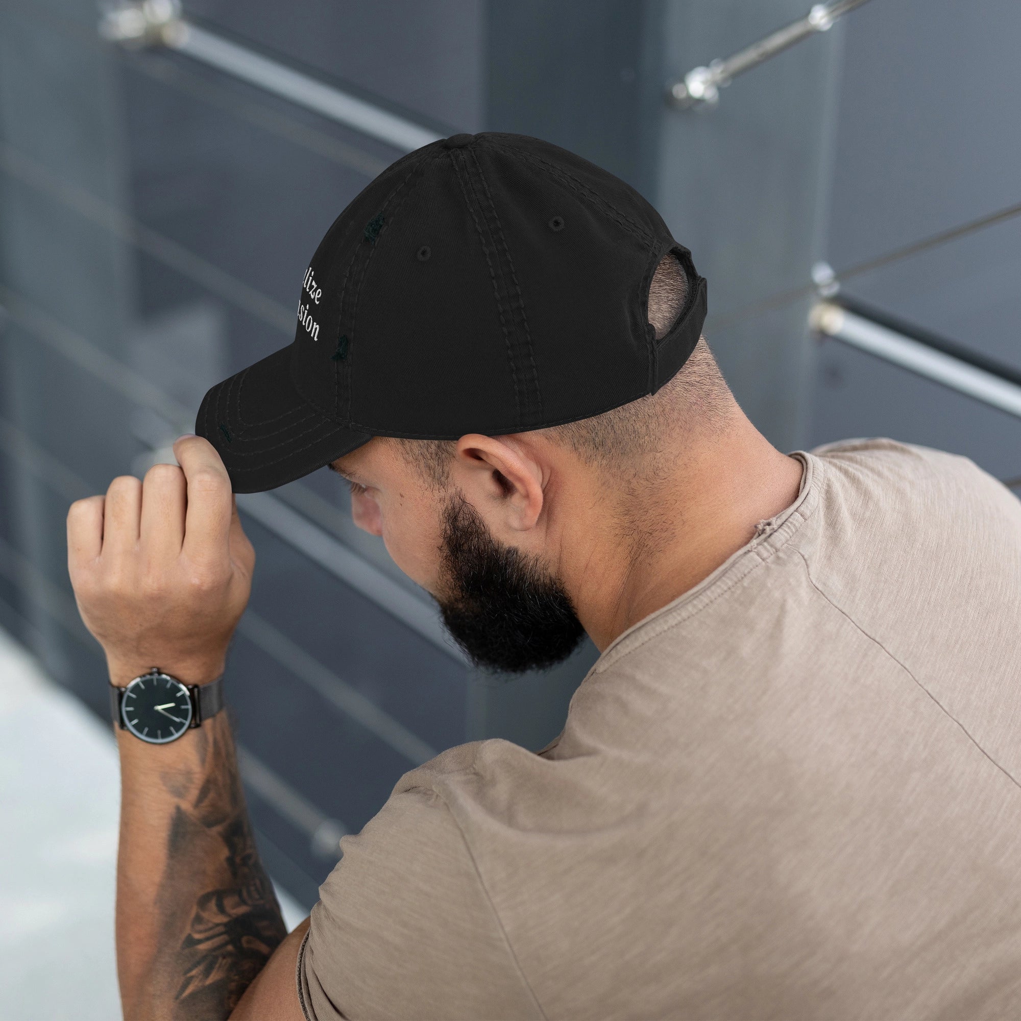 Streetwear Model Wearing Black Offshore Distressed Cap – Subtle Crypto Meme Design by CUKIDRIP