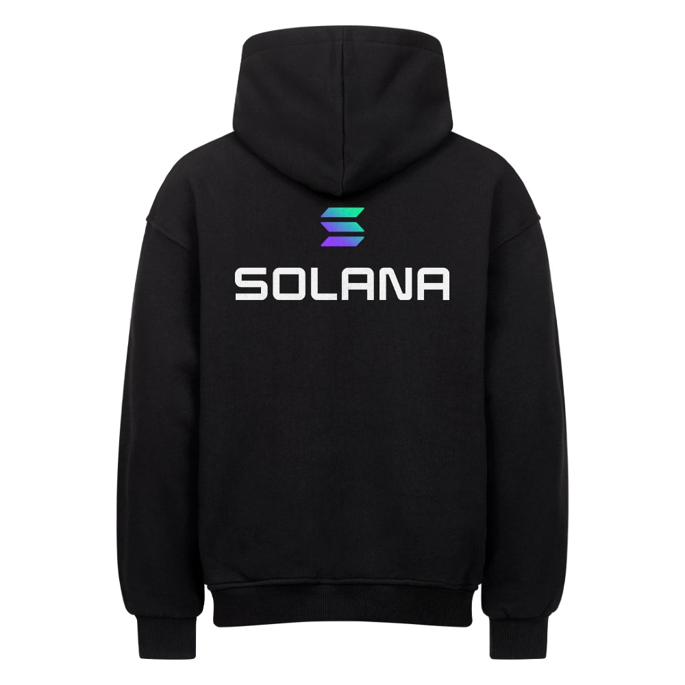 Black oversized hoodie with large Solana logo and bold text on the back, part of crypto streetwear collection