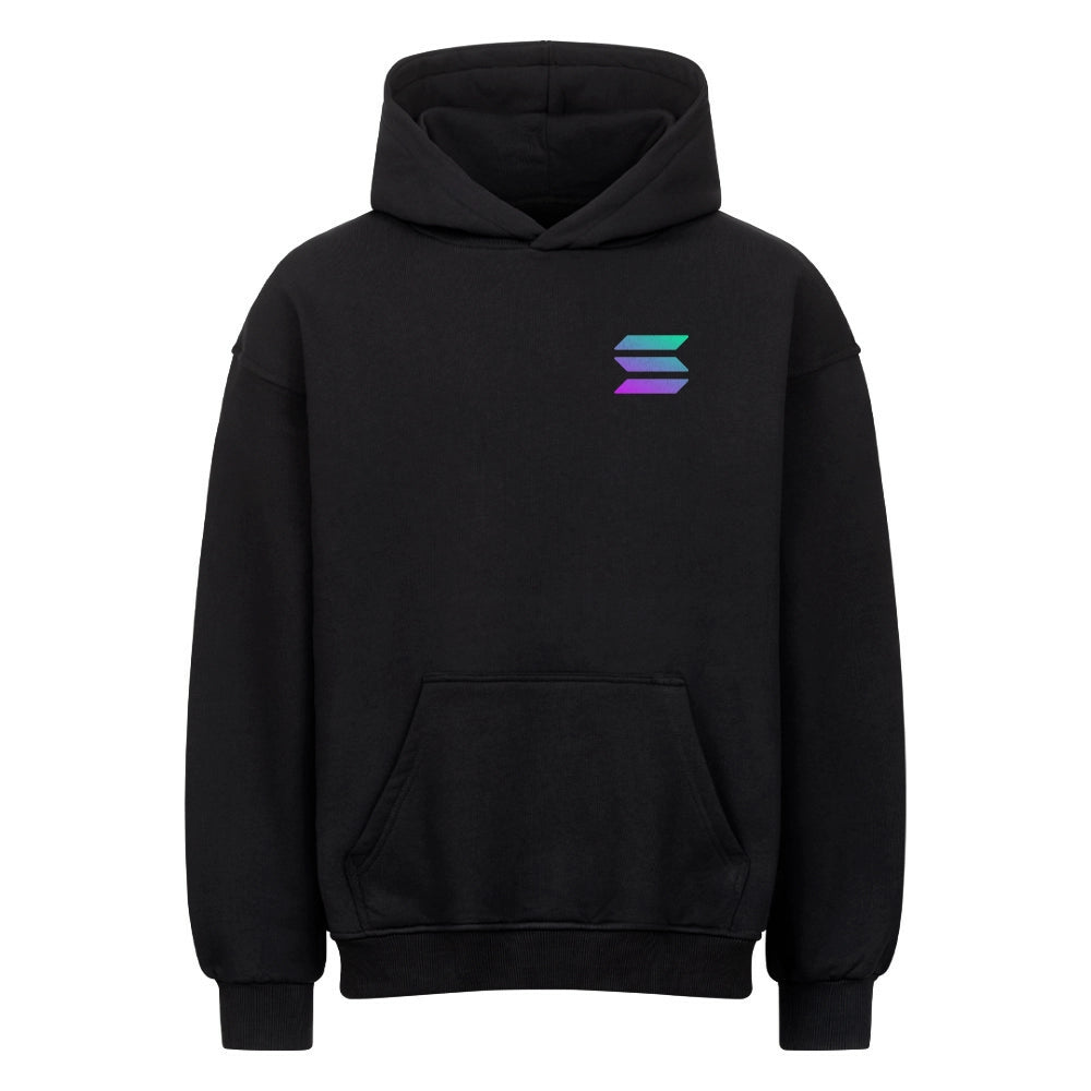 Minimal black hoodie with small Solana logo on the chest, oversized streetwear fit