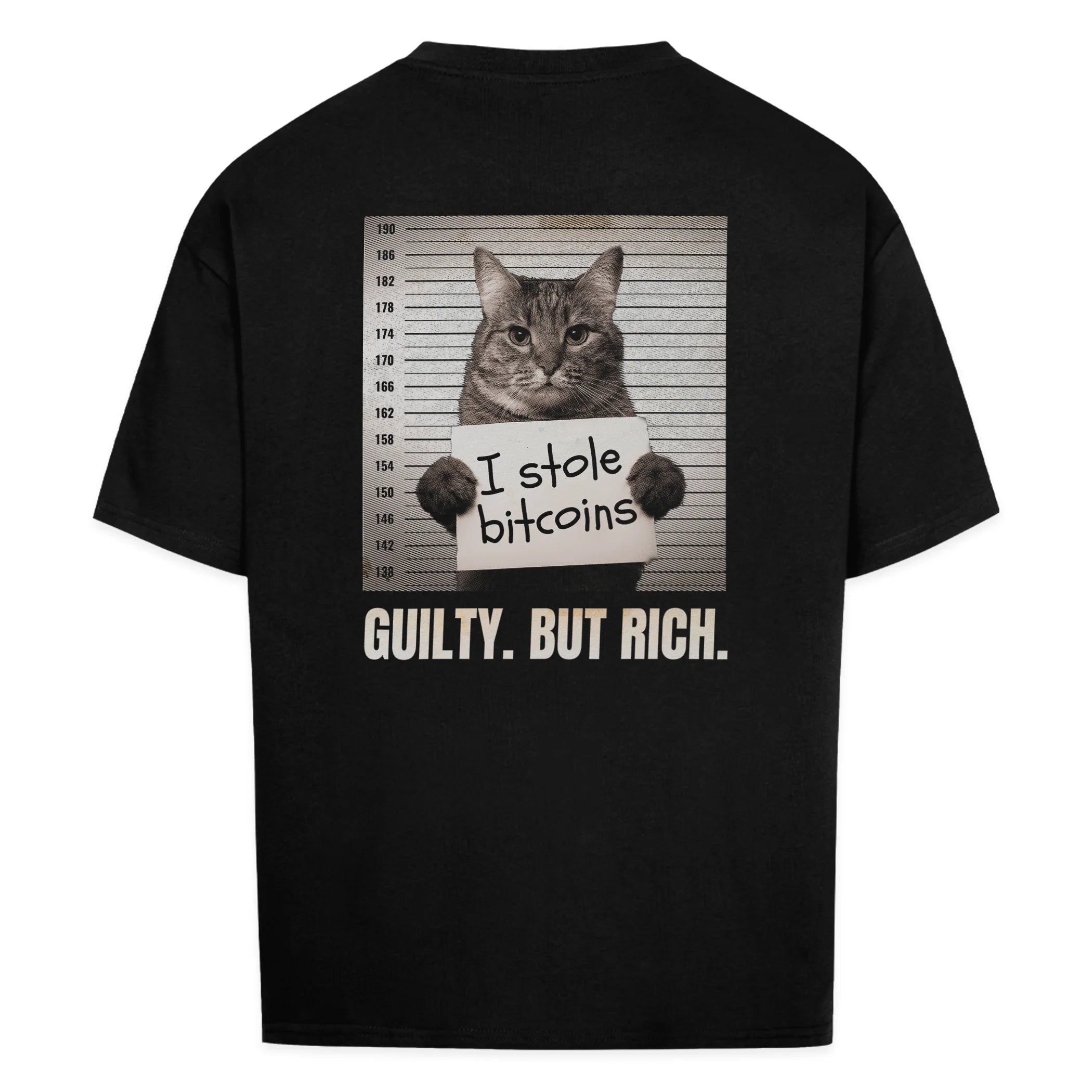 Premium Black Oversized T-Shirt Meowney Heist | Backprint with Funny Cat Bitcoin Meme by CUKIDRIP