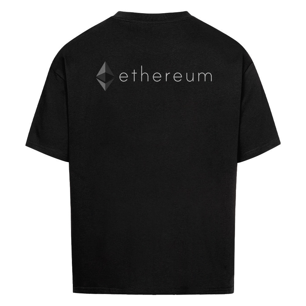 Oversized black T-shirt with Ethereum logo and branding on the back, part of streetwear drop