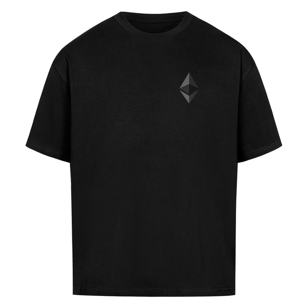 Black oversized T-shirt with subtle Ethereum symbol on the front, clean crypto fashion piece