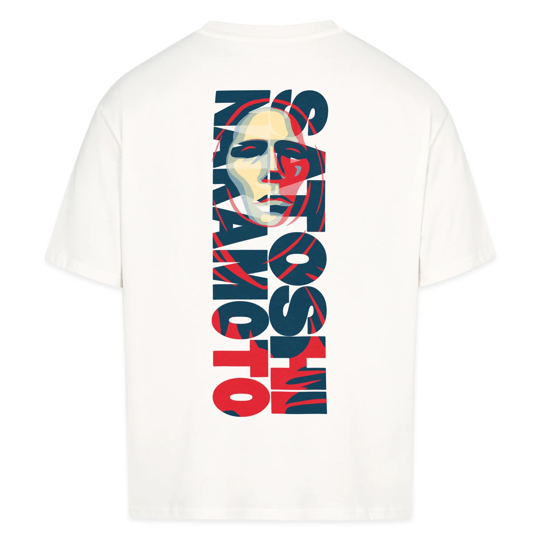 Satoshi Shirt White | Back View with Satoshi Shadow Behind Name Print by CUKIDRIP