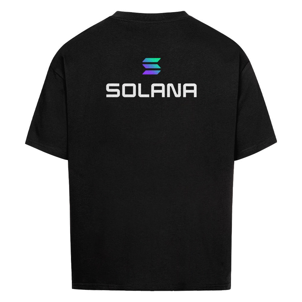 Black oversized T-shirt with Solana symbol and text across the back, casual crypto apparel
