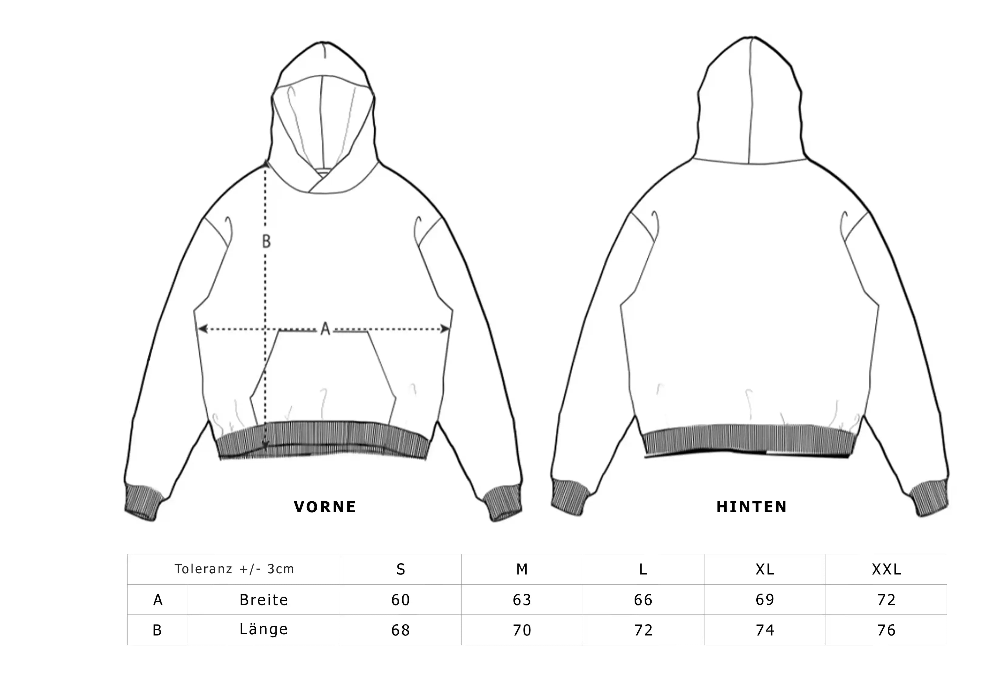 Size chart for oversized hoodie in cm | Front and back view with measurements | CUKIDRIP