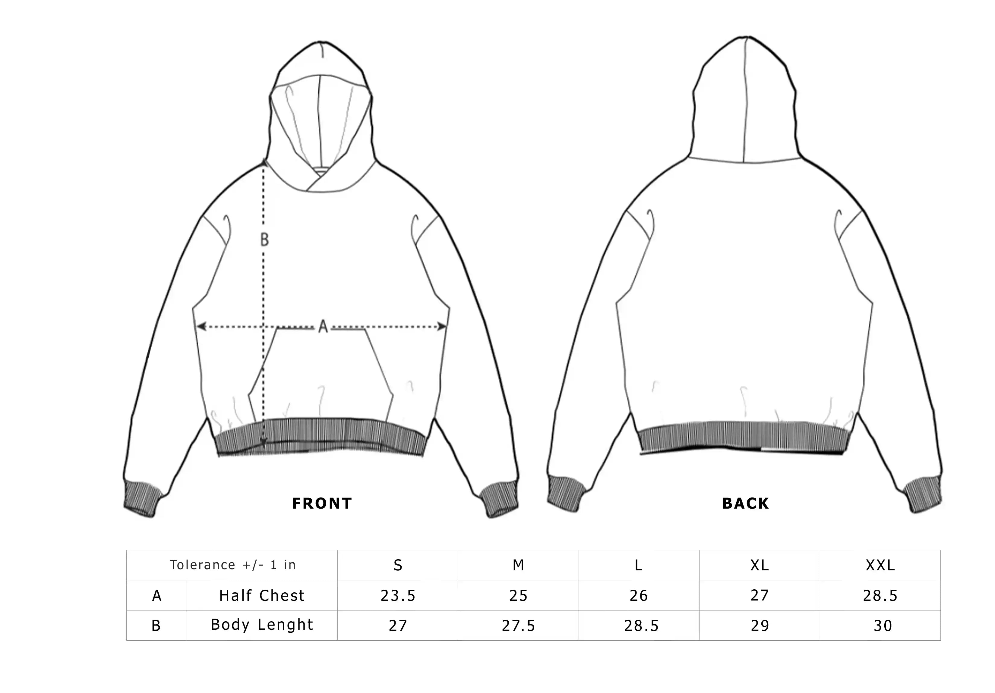 Size chart for oversized hoodie in inches | Front and back view with measurements | CUKIDRIP