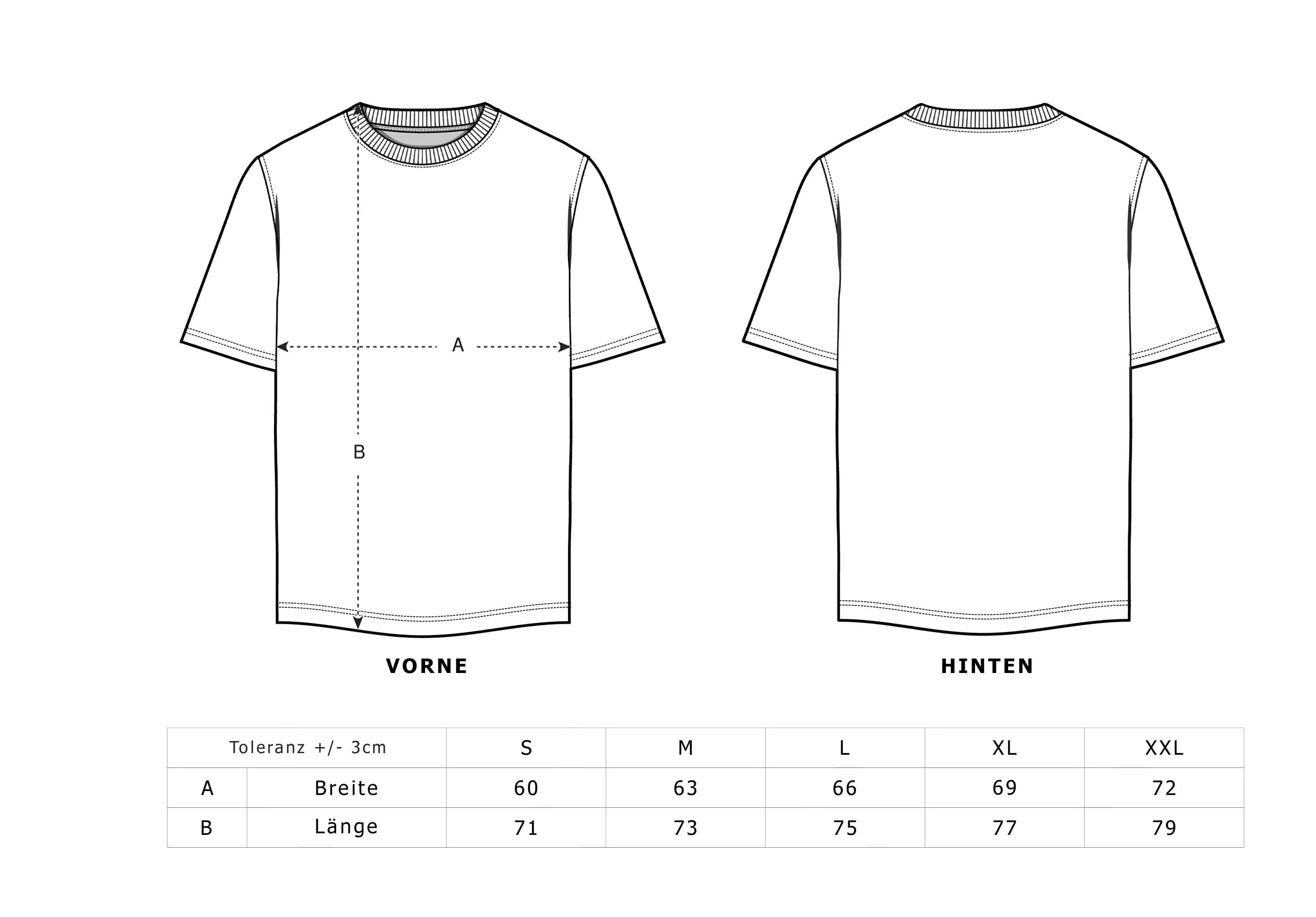 Size chart for oversized t-shirt in cm | Front and back view with measurements | CUKIDRIP