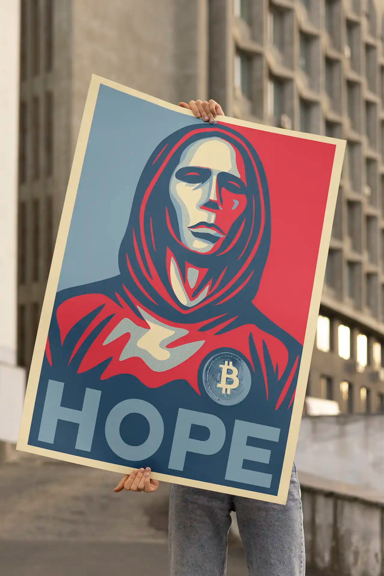 The Satoshi Hope Design | Special Drop for Bitcoin Products | Size A0 Canvas holded up by female model | Premium Crypto Accessories by CUKIDRIP