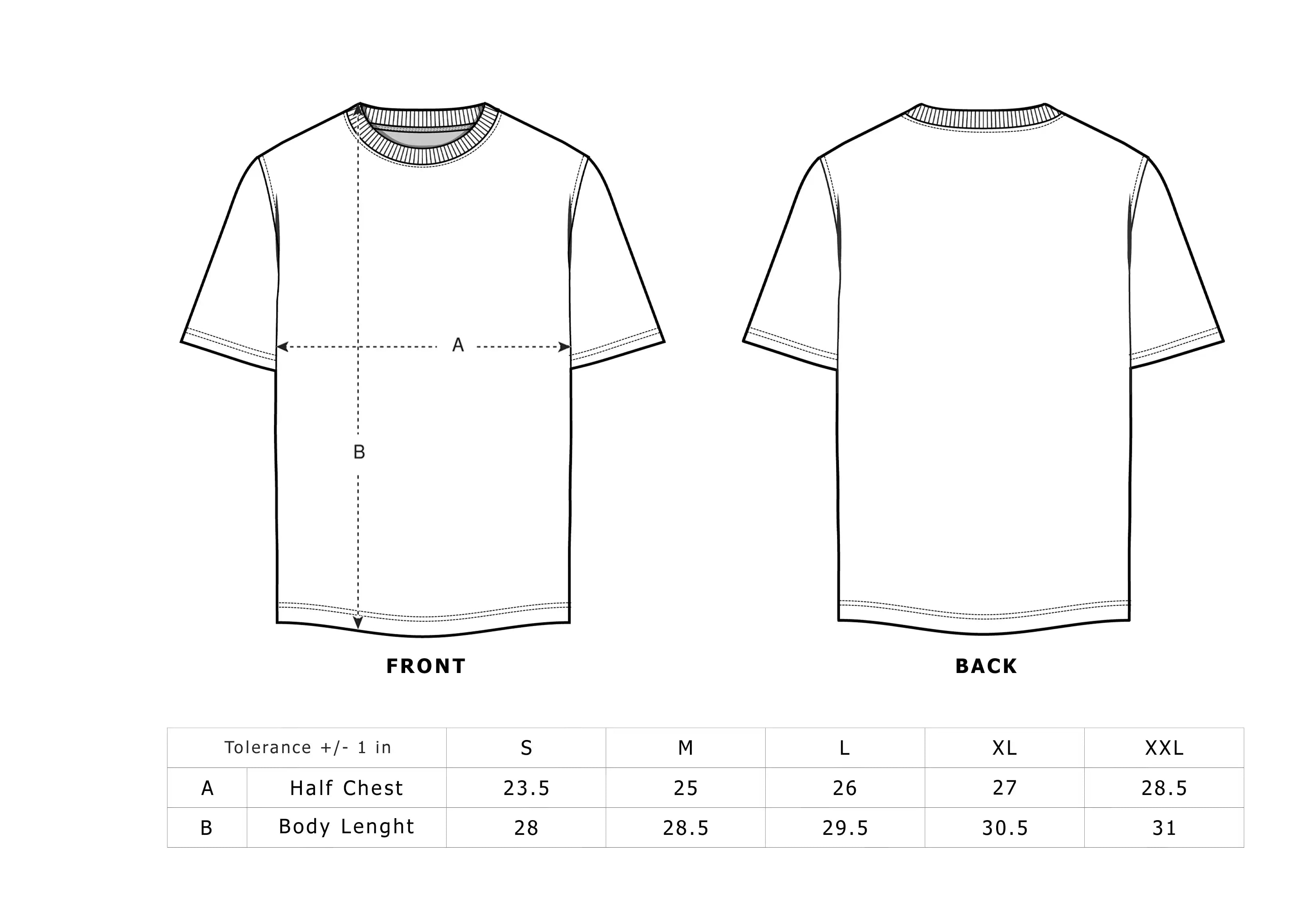 Size chart for oversized t-shirt in inches | Front and back view with measurements | CUKIDRIP

